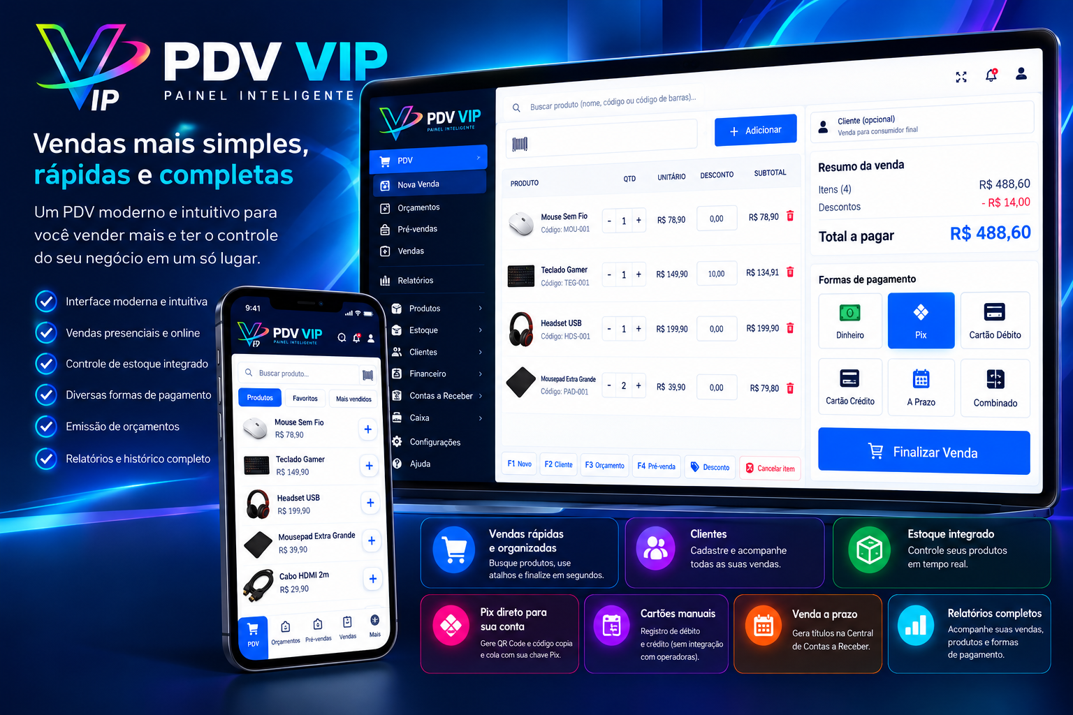 Apresentação ilustrativa do PDV no computador e no celular